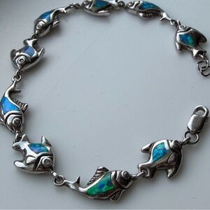 SABRINA SILVER | Sterling Silver Hand Inlaid Synthetic Opal Fish 7inch Bracelet